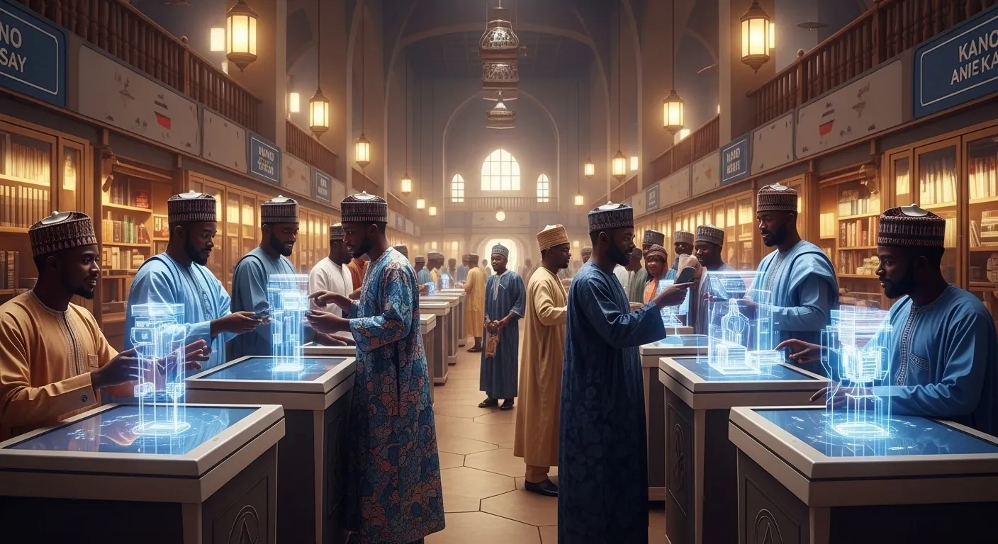 Residents in traditional dress using holographic touchscreen terminals in a vaulted public hall lined with books