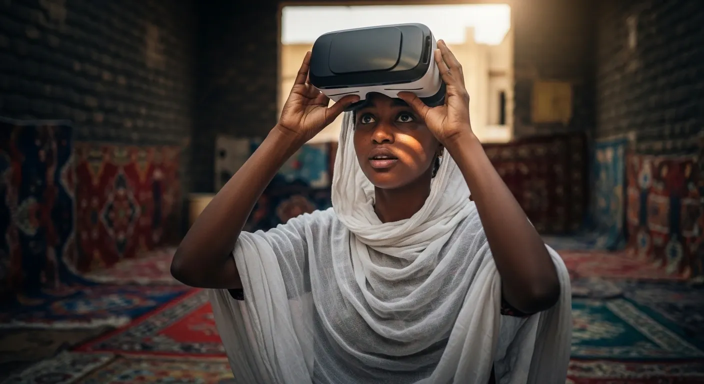A young woman in a white hijab lifts a virtual reality headset from her eyes in a room hung with patterned rugs