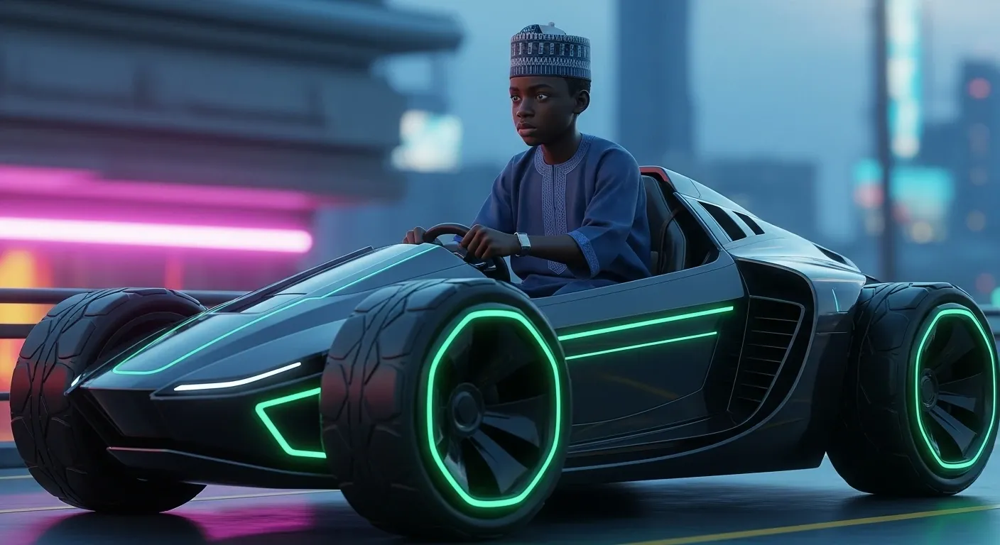 A boy in a patterned cap at the wheel of a sleek concept car lit with green trim, on a city street at dusk